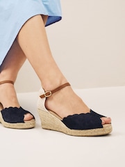 Navy Blue Scallop Peep Toe Wedges - Image 2 of 6
