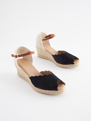 Navy Blue Scallop Peep Toe Wedges - Image 3 of 6