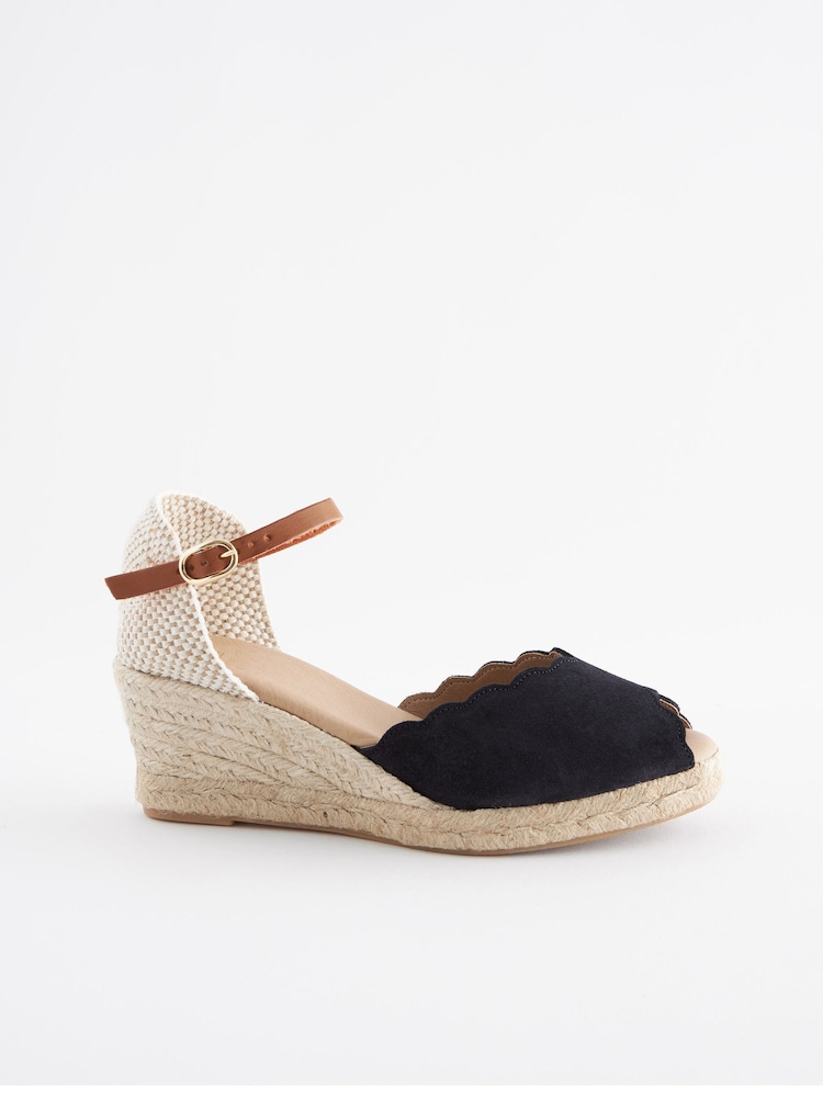 Navy Blue Scallop Peep Toe Wedges - Image 4 of 6
