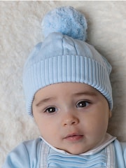 Emile et Rose Blue 100% Cotton True Knit Winter Cable Bobble Hat - Imagen 1 de 2