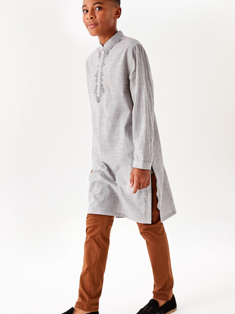 Grey Regular Length Embroidered Boys Kurta (3-16yrs) - Image 1 of 7
