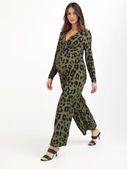 Khaki Animal Print Maternity/Nursing Button Jumpsuit - Image 1 of 6