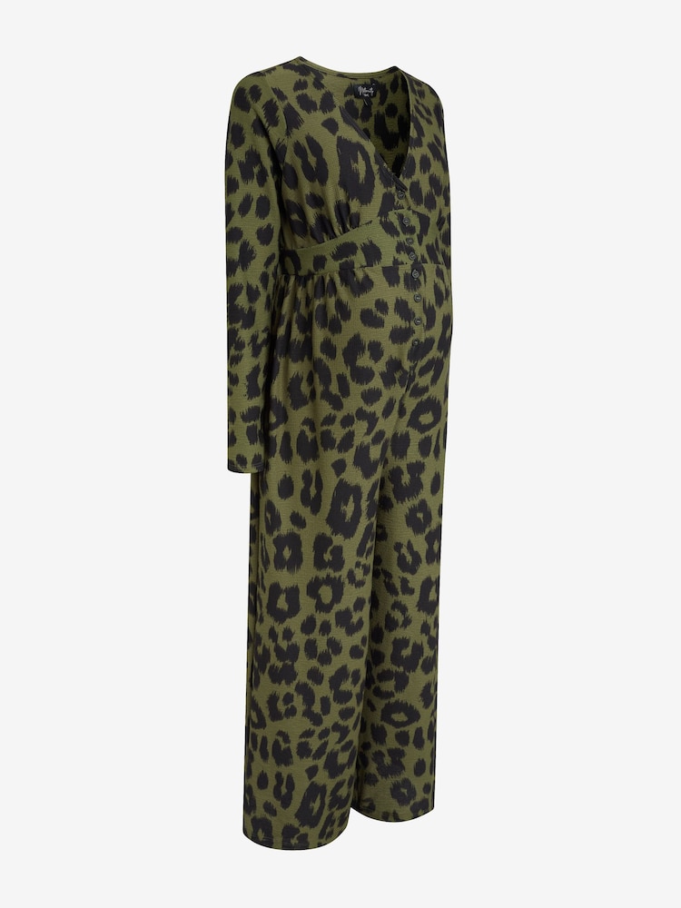 Khaki Animal Print Maternity/Nursing Button Jumpsuit - Image 6 of 6