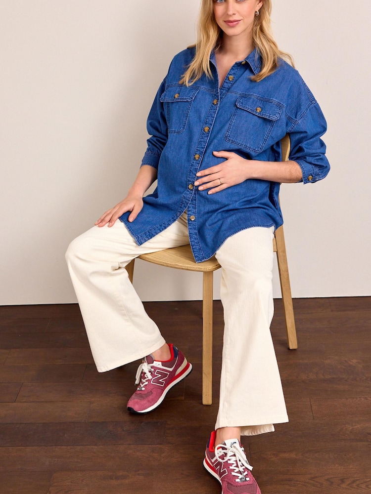 Ecru White Maternity Straight Leg Jeans with Side Split and Over-the Bump Band - Image 2 of 8 Ecru White Maternity Straight Leg Jeans with Side Split and Over-the Bump Band - Image 2 of 8