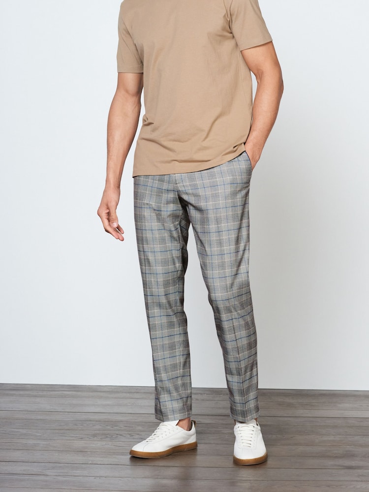 Grey Slim Tapered Trimmed Check Trousers - Image 1 of 1 Grey Slim Tapered Trimmed Check Trousers - Image 1 of 1