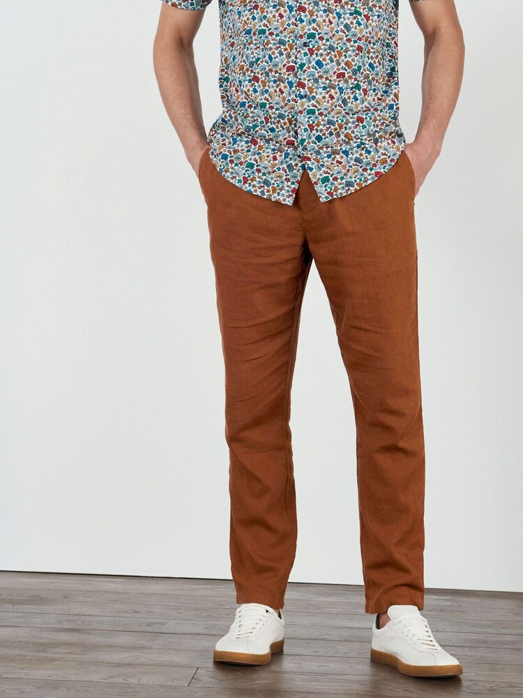 Rust Brown Relaxed Tapered Fit Linen Blend Drawstring Trousers - Image 1 of 5 Rust Brown Relaxed Tapered Fit Linen Blend Drawstring Trousers - Image 1 of 5