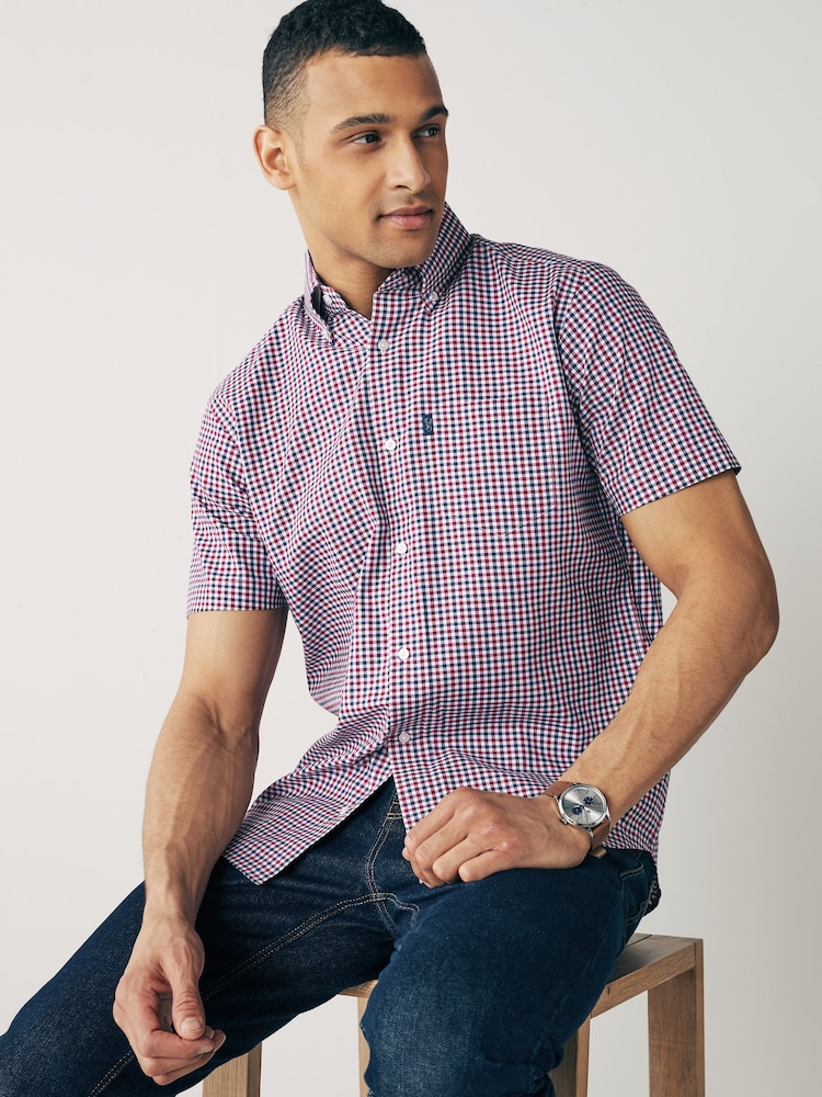 Red/Navy Blue Gingham Check Easy Iron Button Down Oxford Shirt - Image 1 of 7