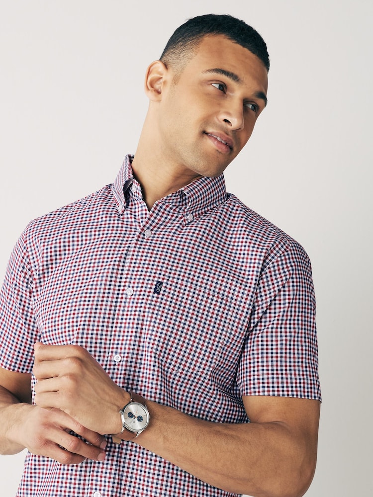 Red/Navy Blue Gingham Check Easy Iron Button Down Oxford Shirt - Image 4 of 7