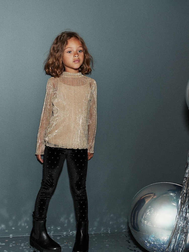 Black/Gold Velour Stud Embellished Leggings (3-16yrs) - Image 1 of 6