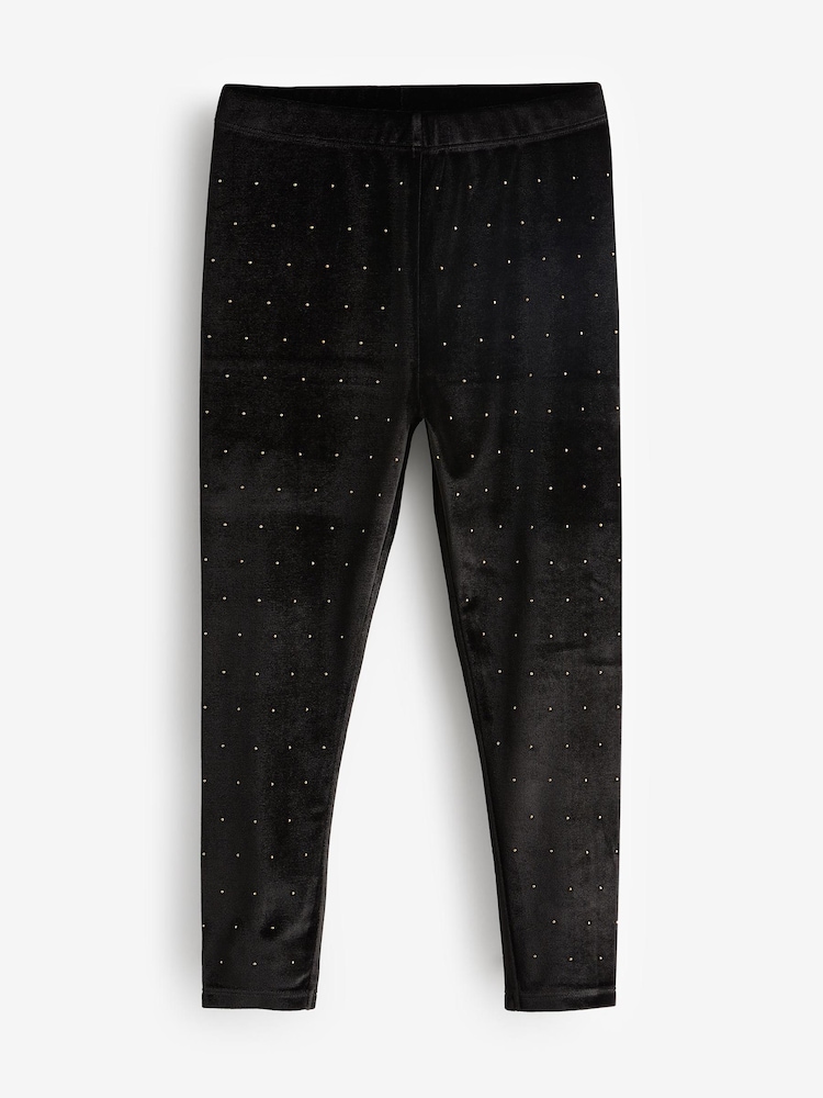 Black/Gold Velour Stud Embellished Leggings (3-16yrs) - Image 4 of 6
