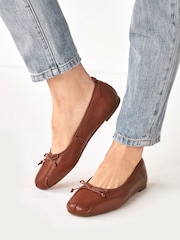 Tan Brown Leather Regular/Wide Fit Signature Ruched Ballerina Shoes - Image 1 of 6