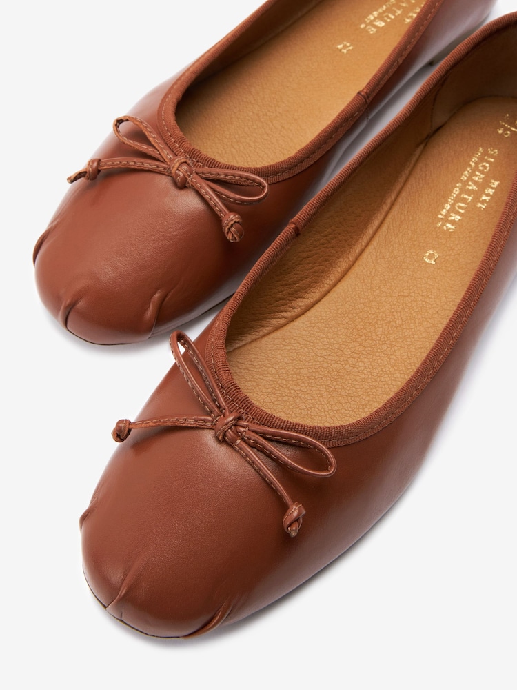 Tan Brown Leather Regular/Wide Fit Signature Ruched Ballerina Shoes - Image 6 of 6