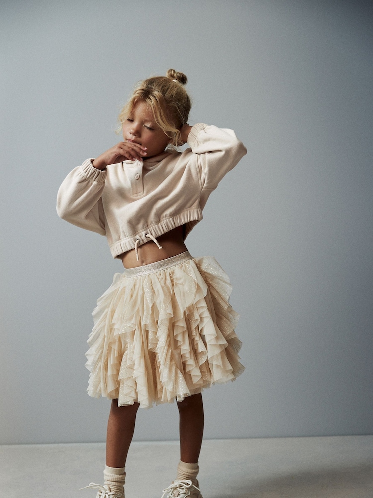 Ecru Cream/Gold Sparkle Tiered Tulle Mesh Skirt (3-16yrs) - Image 1 of 8