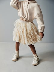 Ecru Cream/Gold Sparkle Tiered Tulle Mesh Skirt (3-16yrs) - Image 5 of 8
