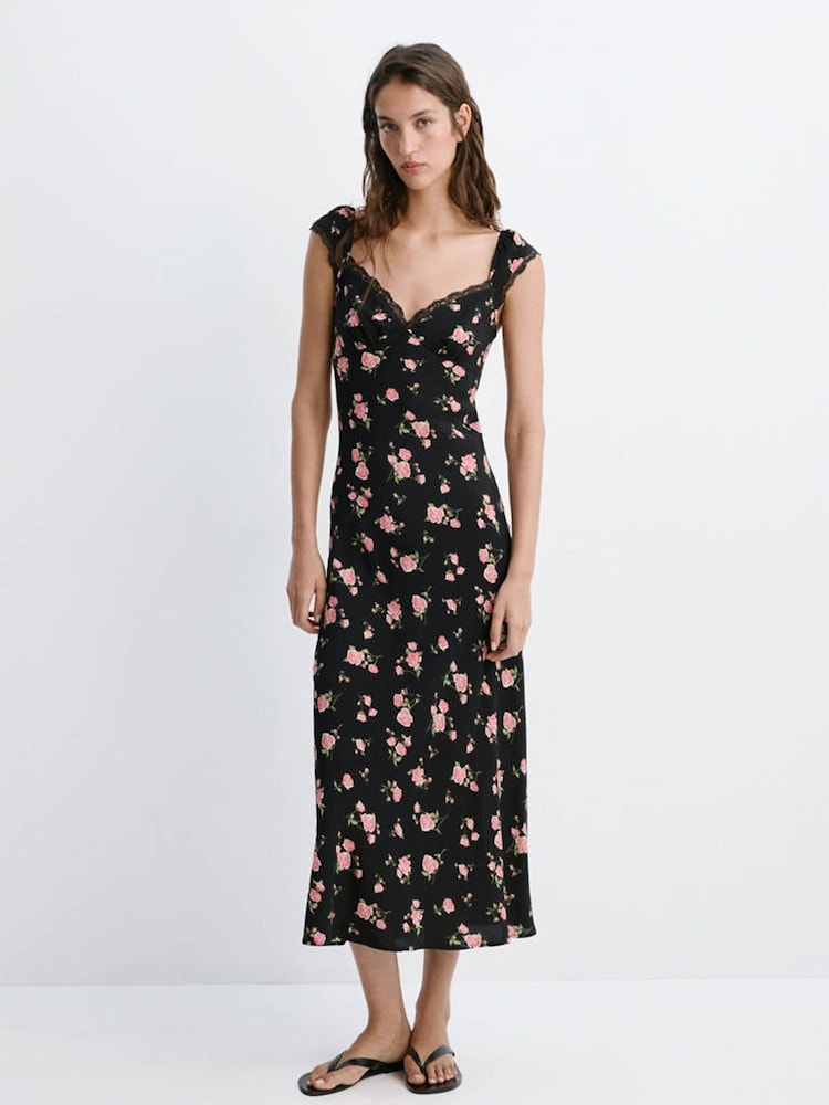 Mango Black Floral Printed Midi Dress - Image 1 of 7