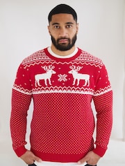 Rojo - Suéter de algodón 100 % con diseño navideño de renos y grecas alpinas para hombre de The Little Tailor - Imagen 1 de 4