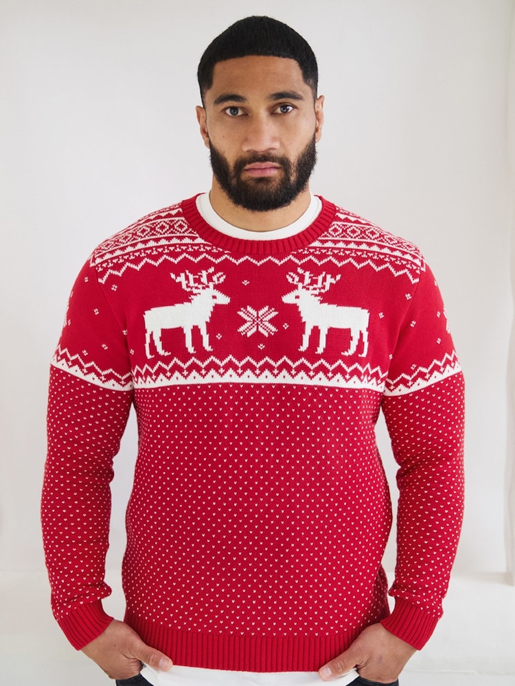 Rojo - Suéter de algodón 100 % con diseño navideño de renos y grecas alpinas para hombre de The Little Tailor - Imagen 1 de 4