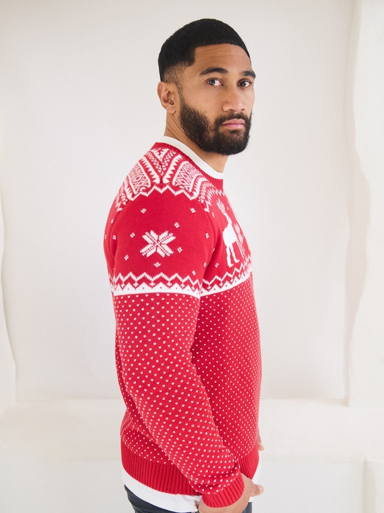 Rojo - Suéter de algodón 100 % con diseño navideño de renos y grecas alpinas para hombre de The Little Tailor - Imagen 2 de 4