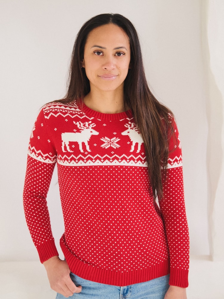 The Little Tailor Womens Christmas 100% Cotton Reindeer Fairisle Pattern Jumper - Image 4 of 6