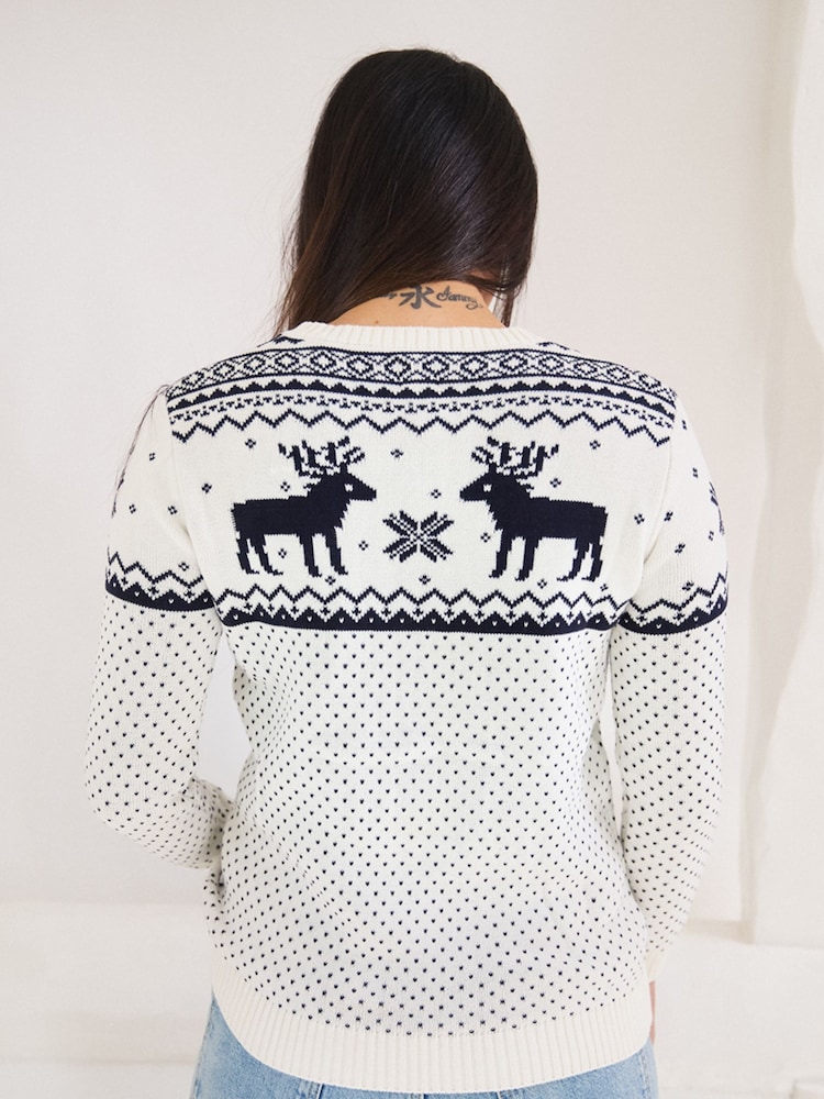 Crème - The Little Tailor kersttrui voor dames van 100% katoen met rendiermotief en Fairisle-patroon - Image 3 of 4