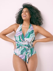 Purple Tropical Print Tummy Control Halter Swimsuit - Image 1 of 3