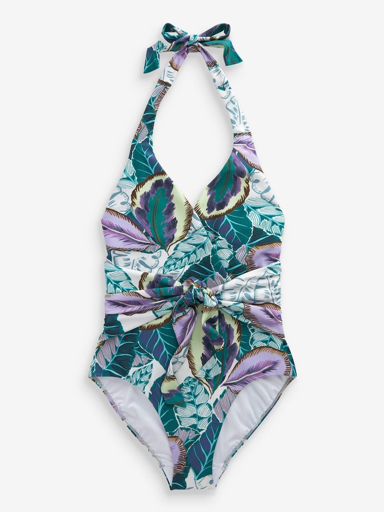 Purple Tropical Print Tummy Control Halter Swimsuit - Image 3 of 3