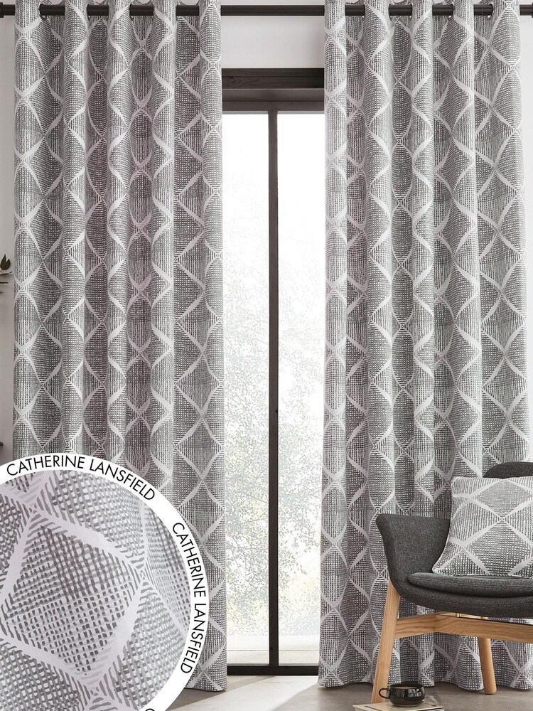 Catherine Lansfield Grey Geo Textured Diamond Eyelet Curtains - Image 1 of 4