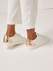 White with Rose Gold Wide Fit Signature Leather Lace-Up Trainers - Image 1 of 7