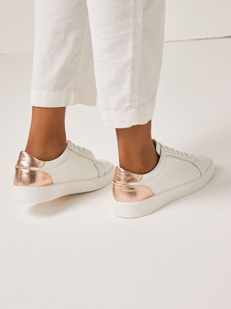 White with Rose Gold Wide Fit Signature Leather Lace-Up Trainers - Image 1 of 7