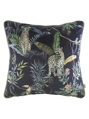 Evans Lichfield Petrol Blue Jungle Leopard Velvet Polyester Filled Cushion - Image 1 of 5