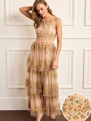 Blush Pink Halter-Neck Tiered Premium Lace Floral Midi Dress - Image 1 of 9