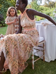Blush Pink Halter-Neck Tiered Premium Lace Floral Midi Dress - Image 9 of 9