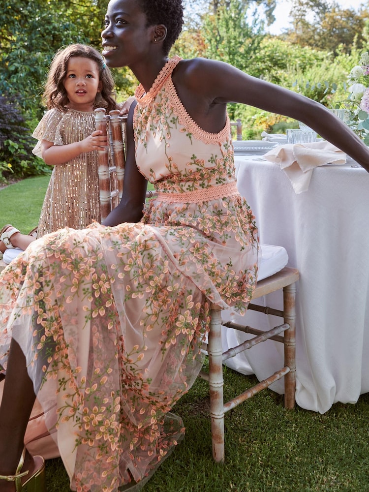 Blush Pink Halter-Neck Tiered Premium Lace Floral Midi Dress - Image 9 of 9