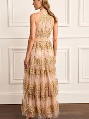 Blush Pink Halter-Neck Tiered Premium Lace Floral Midi Dress - Image 3 of 9