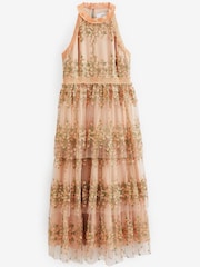Blush Pink Halter-Neck Tiered Premium Lace Floral Midi Dress - Image 5 of 9