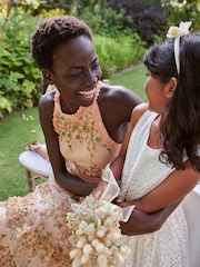 Blush Pink Halter-Neck Tiered Premium Lace Floral Midi Dress - Image 6 of 9