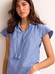 Blue Chambray Capped Sleeve V-Neck Top With Linen - Image 1 of 5