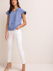 Blue Chambray Capped Sleeve V-Neck Top With Linen - Image 2 of 5