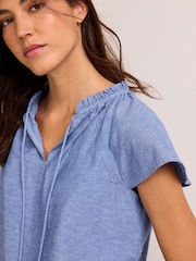 Blue Chambray Capped Sleeve V-Neck Top With Linen - Image 4 of 5