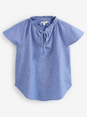 Blue Chambray Capped Sleeve V-Neck Top With Linen - Image 5 of 5