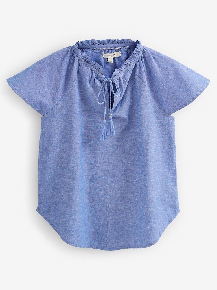Blue Chambray Capped Sleeve V-Neck Top With Linen - Image 5 of 5