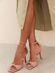 Camel Signature Leather Strappy Wrap Heels - Image 1 of 8