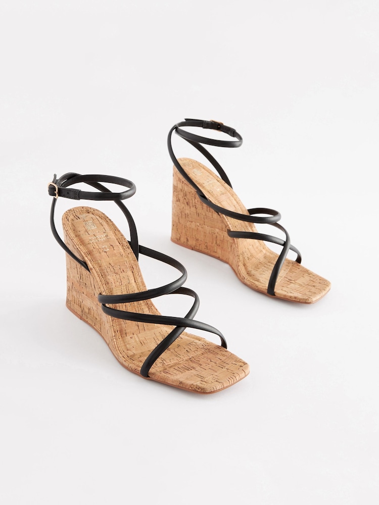 Black Signature Leather Strappy Cork Wedges - Image 1 of 5 Black Signature Leather Strappy Cork Wedges - Image 1 of 5