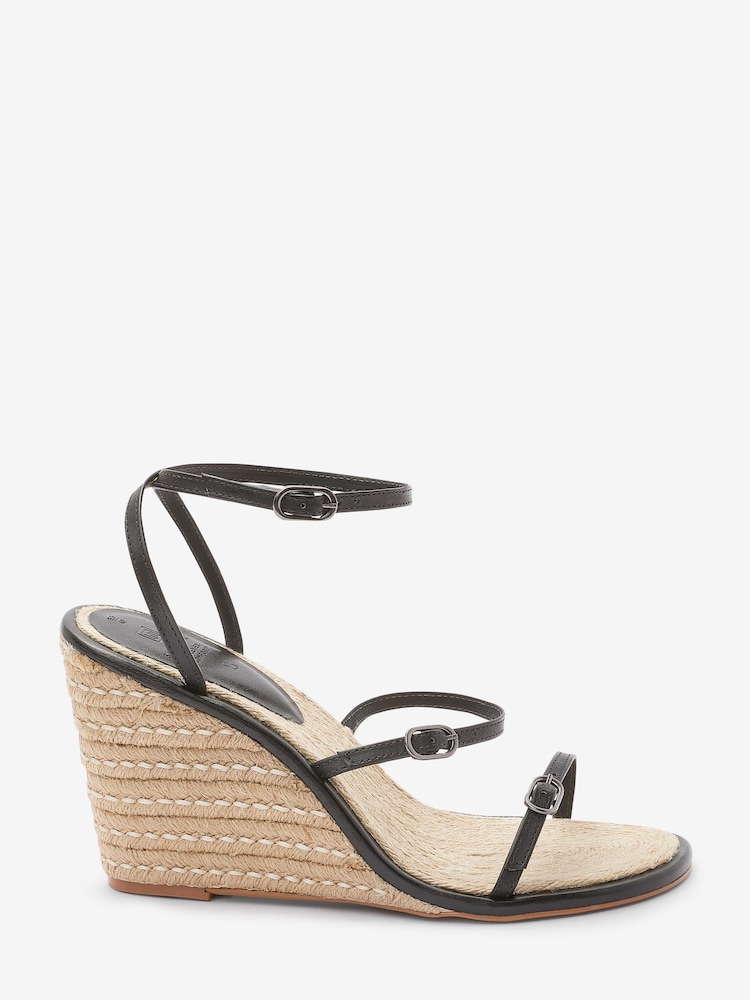 Black Signature Leather Triple Strap Wedges - Image 2 of 5 Black Signature Leather Triple Strap Wedges - Image 2 of 5