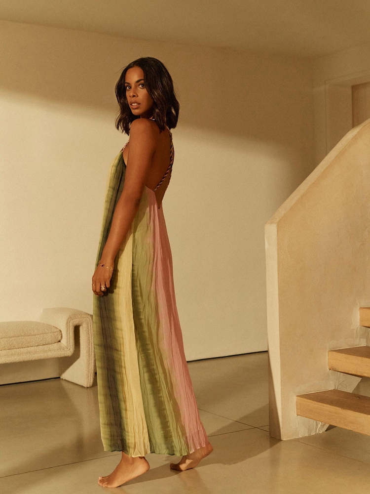 Pink/ Green Ombré Tie dye Rochelle Plaited Midi Summer Dress - Image 3 of 7