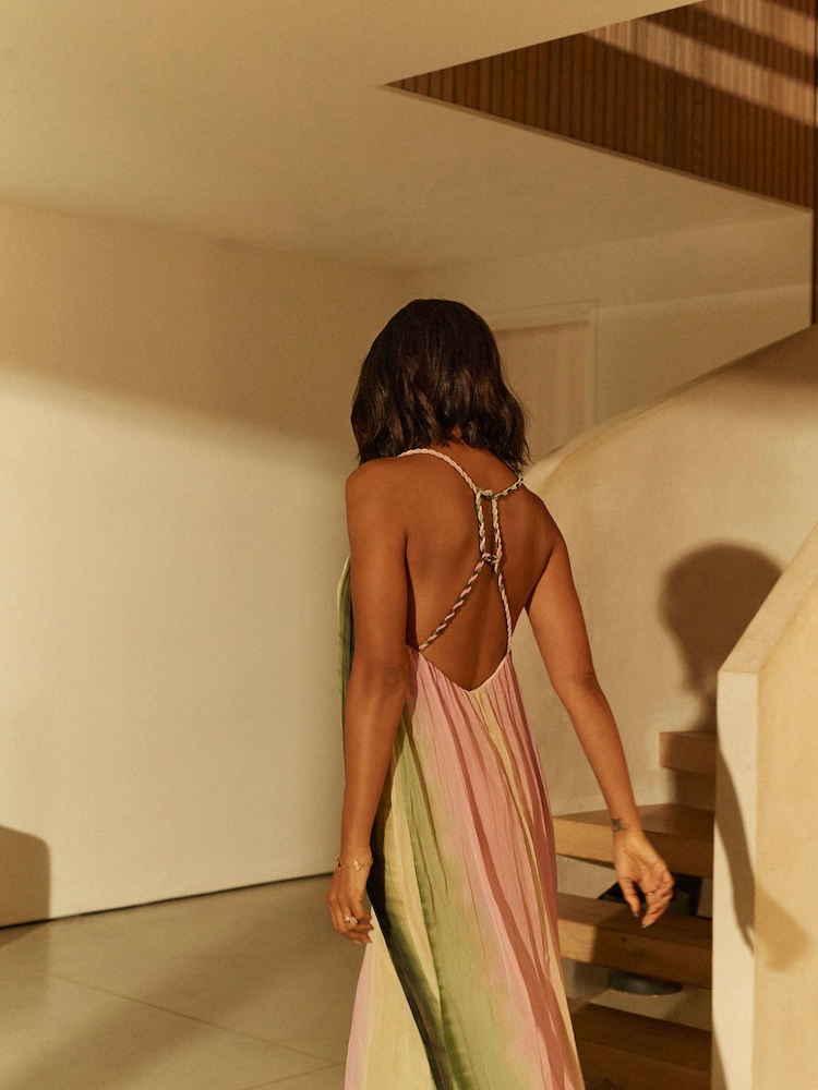 Pink/ Green Ombré Tie dye Rochelle Plaited Midi Summer Dress - Image 4 of 7