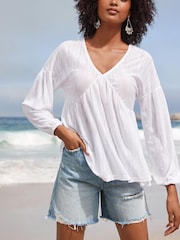 White Long Sleeve V-Neck Blouse - Image 1 of 5