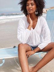 White Long Sleeve V-Neck Blouse - Image 2 of 5