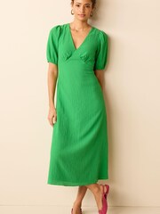 Bright Green Textured Puff Sleeve Midi Dress - Image 1 of 4