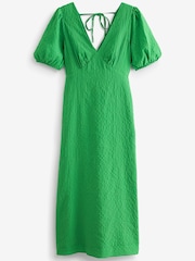Bright Green Textured Puff Sleeve Midi Dress - Image 4 of 4